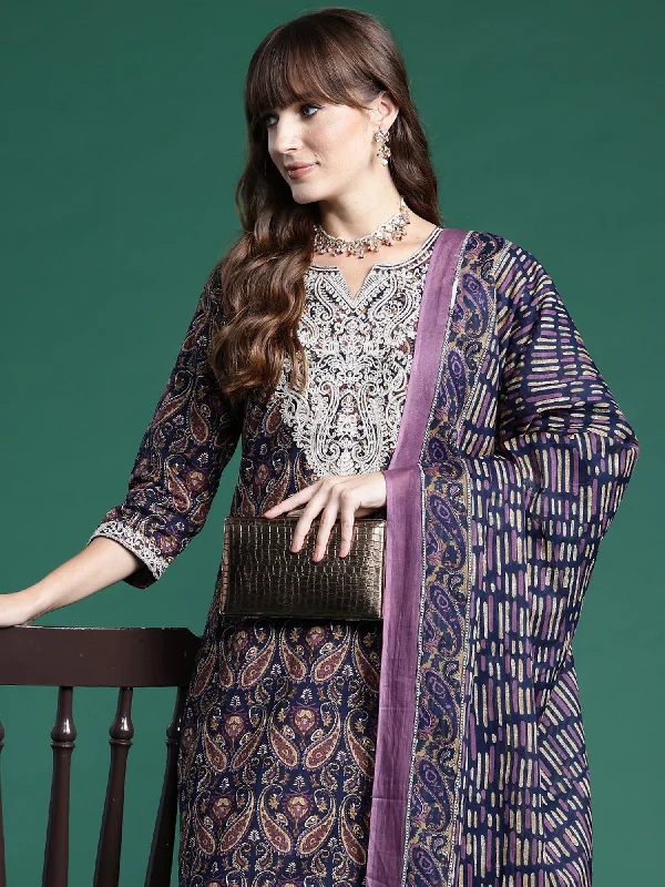 Women Navy Blue Printed Straight Kurta Trousers With Dupatta Set - Taantav Trousers Travel Practical