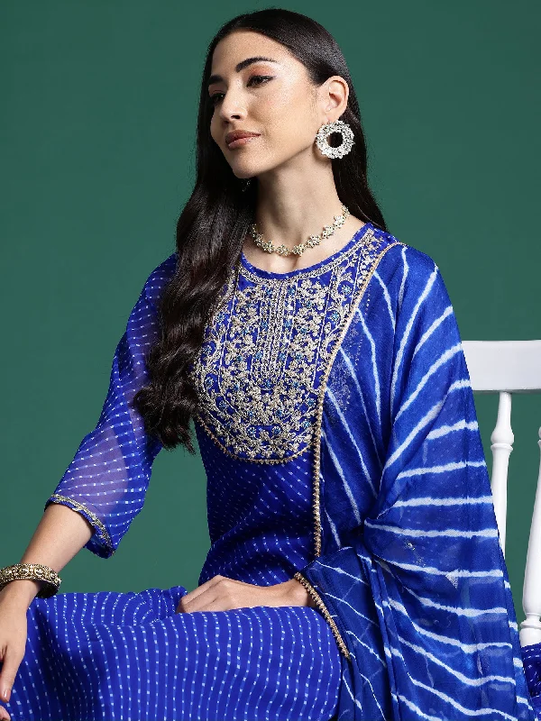 Women Blue Printed Straight Kurta Trousers With Dupatta Set - Taantav Trousers Print Floral