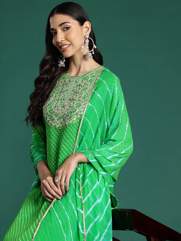 Women Green Printed Straight Kurta Trousers With Dupatta Set - Taantav Trousers Cargo pockets