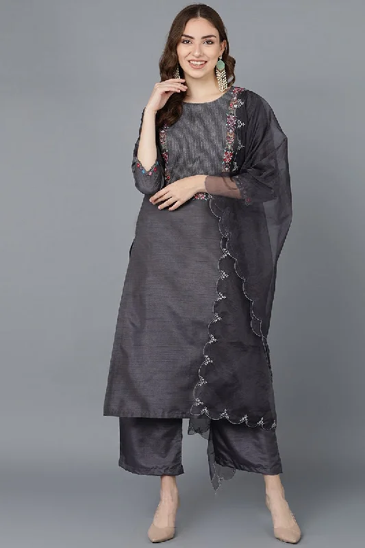 Ahika Women Charcoal Poly Silk Embroidered Kurta Trousers With Dupatta Trousers Mesh Breathable