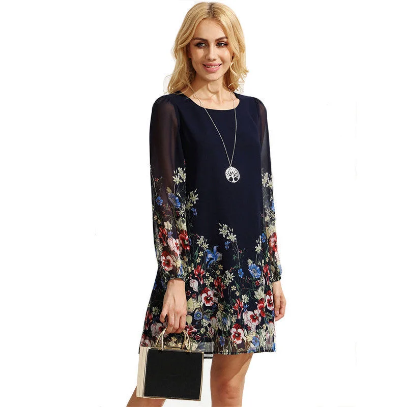 Casual Short Autumn Dresses For Women Multicolor Round Neck Long Sleeve Floral Print Straight Chiffon Dress Casual Short Autumn Dresses For Women Multicolor Round Neck Long Sleeve Floral Print Straight Chiffon Dress
