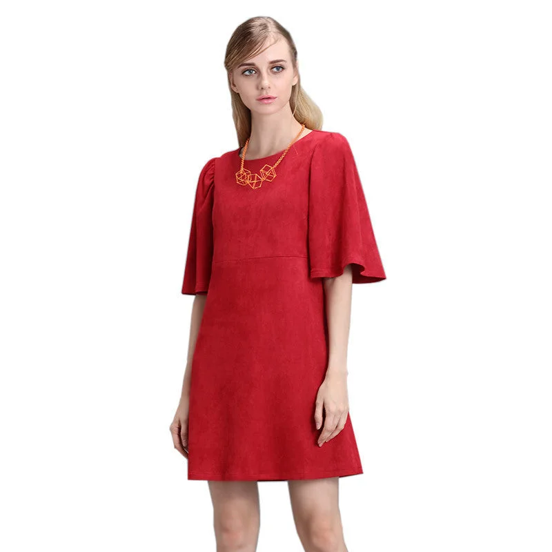 Lotus butterfly sleeve dress zip double side faux suede dark green red women dress