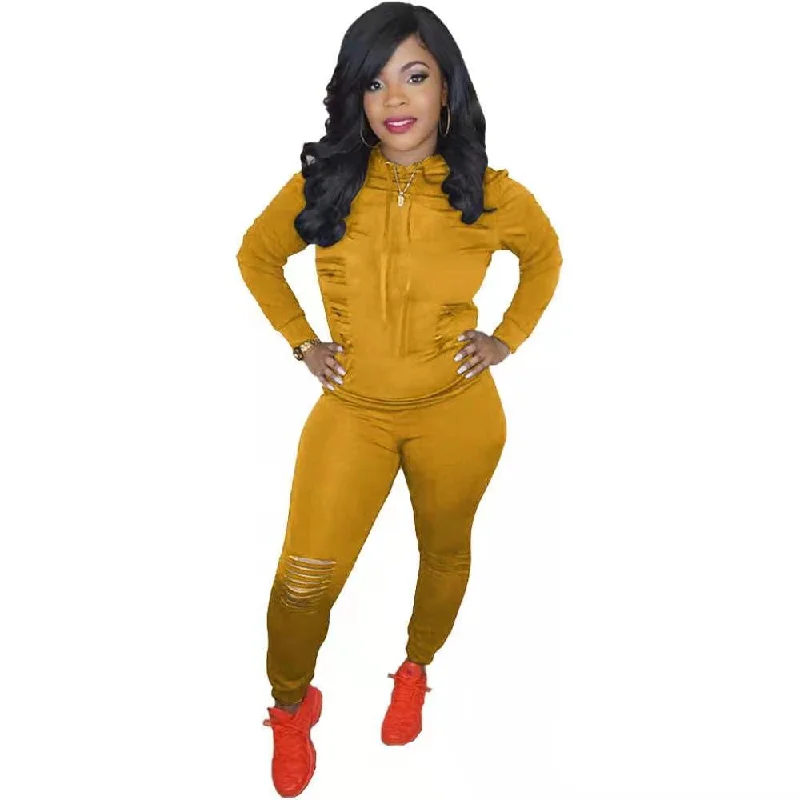 Wholesale women fashion hoodie casual solid color set 2PCS(CL8599) Hoodie with Cropped Fit Short Trendy