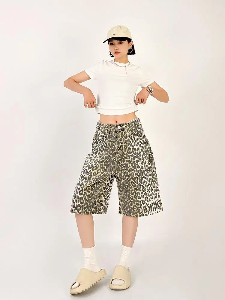 Advbridge Women Tan Leopard Print Denim Shorts Y2k Baggy Vintage Streetwear High Waist Jeans Summer Wide Leg Five Points Trouser Trousers fashionable chic Advbridge Women Tan Leopard Print Denim Shorts Y2k Baggy Vintage Streetwear High Waist Jeans Summer Wide Leg Five Points Trouser Trousers fashionable chic