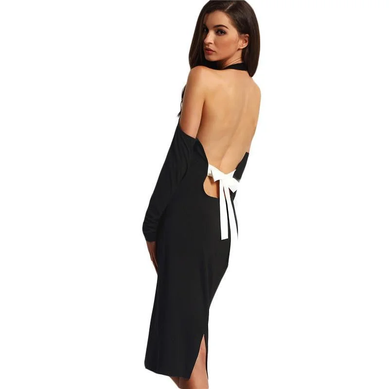 Women Backless Bodycon Pencil Dress Hollow Out Woman Arrival Black Open Shoulder Long Sleeve Bow Halter Dress