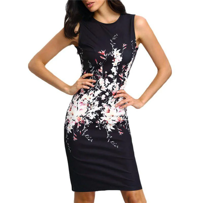 Women Vintage Dresses Ladies Elegant Summer Black Sleeveless Mini Length Floral Print Sheath Dress