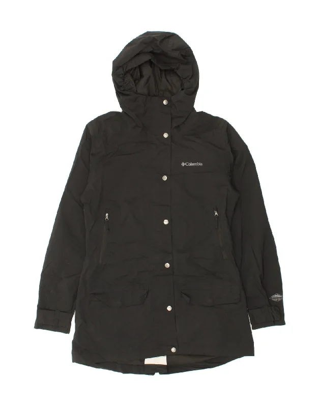 COLUMBIA Womens Hooded Rain Jacket UK 14 Medium Black Polyester Satin Fabric Silk Fabric Chiffon Fabric COLUMBIA Womens Hooded Rain Jacket UK 14 Medium Black Polyester Satin Fabric Silk Fabric Chiffon Fabric