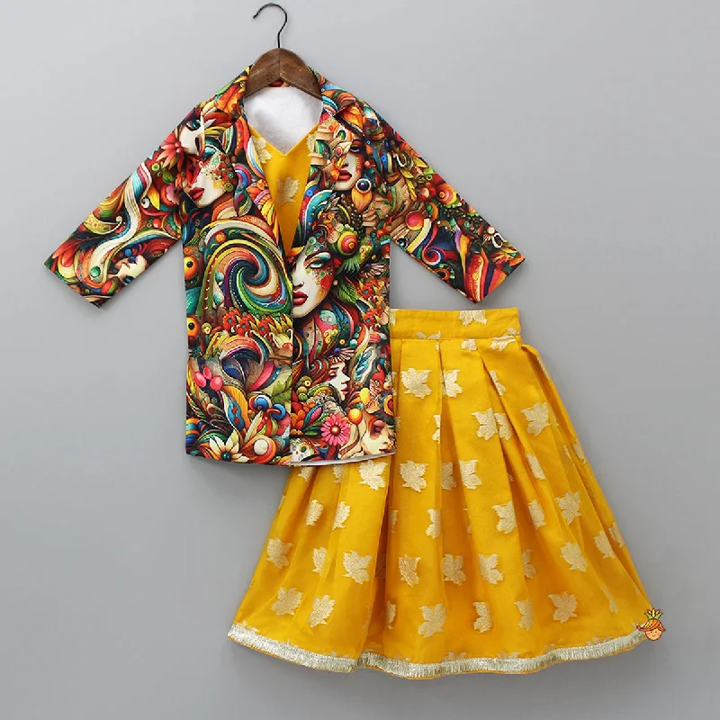 Pre Order: Top And Multicolored Jacket With Box Pleated Lehenga Notch Collar Peter Pan Collar Cowl Neck Pre Order: Top And Multicolored Jacket With Box Pleated Lehenga Notch Collar Peter Pan Collar Cowl Neck