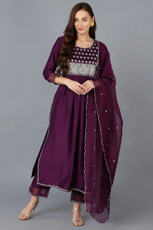 Ahika Purple Silk Blend Solid Straight Kurta Trousers With Dupatta Trousers High Rise Slim Fit