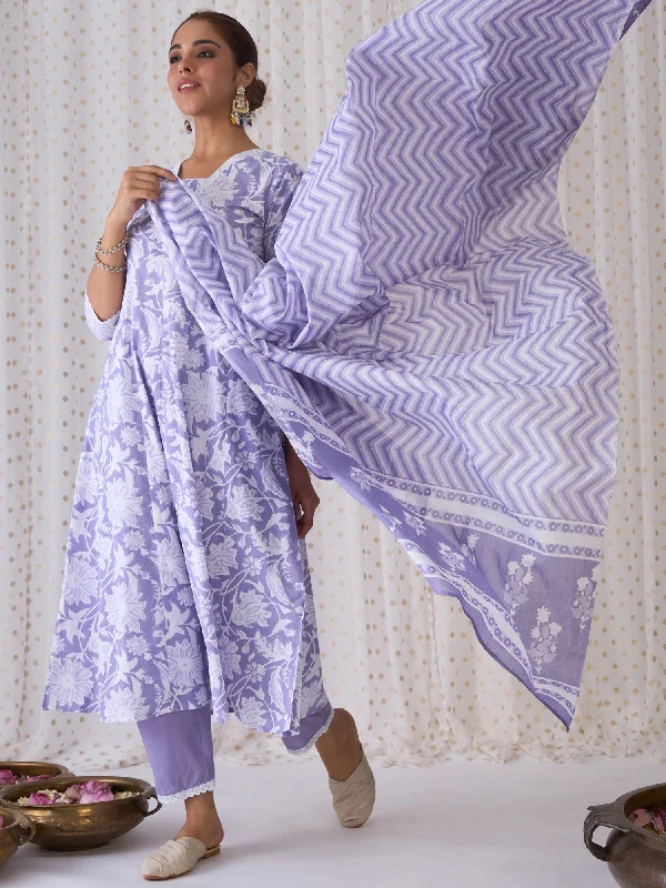 Women Lavender Printed A-Line Kurta Trousers With Dupatta Set - Taantav Trousers Low Rise Relaxed