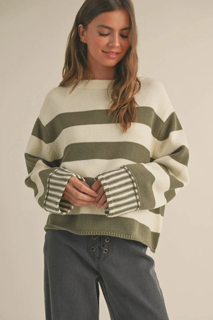 MOCK NECK STRIPE SWEATER TOP Welt Pockets Slit Pockets Flap Pockets