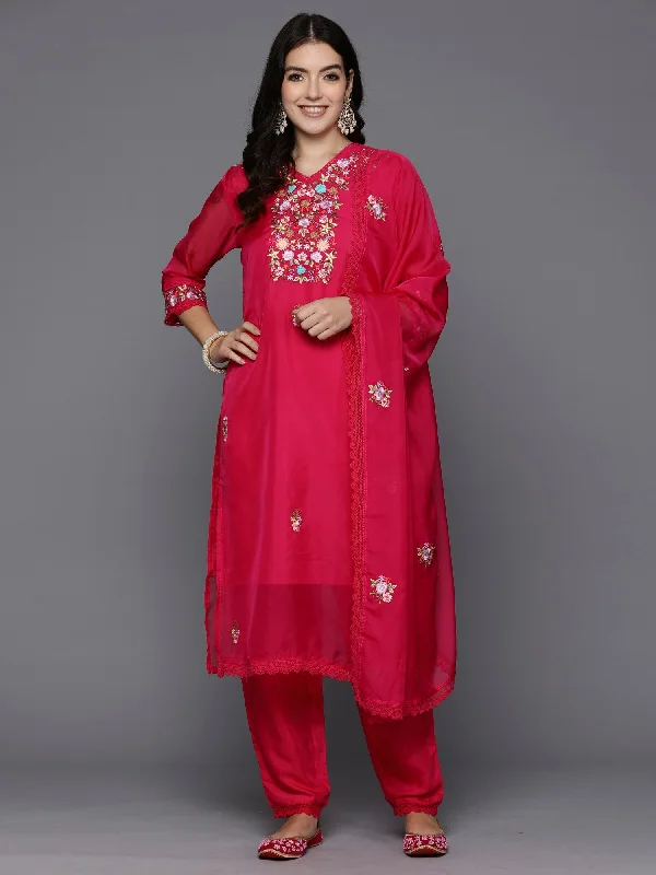 Women Magenta Embroidered Straight Kurta Trousers With Dupatta Set - Taantav Trousers fashionable chic