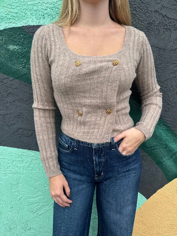 Taupe Button Sweater Houndstooth Herringbone Solid