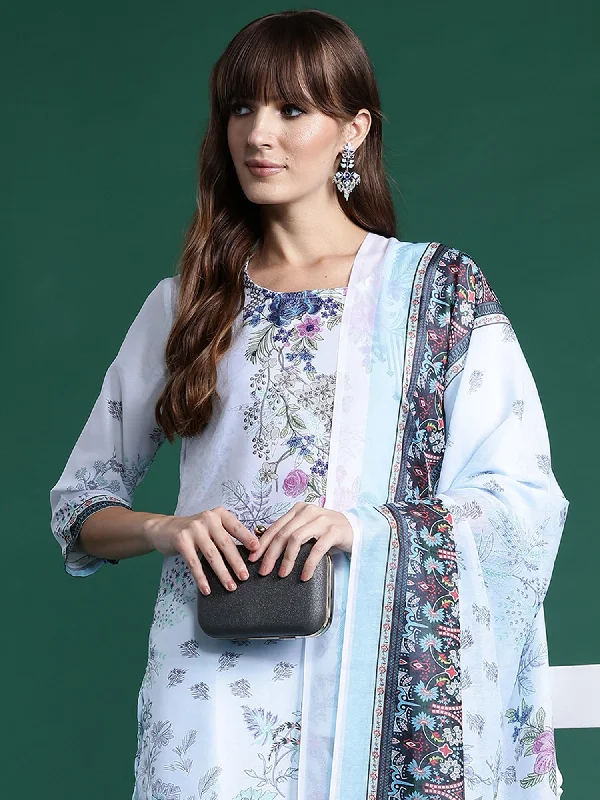 Women Blue Printed Straight Kurta Trousers With Dupatta Set - Taantav Trousers Silk Elegant