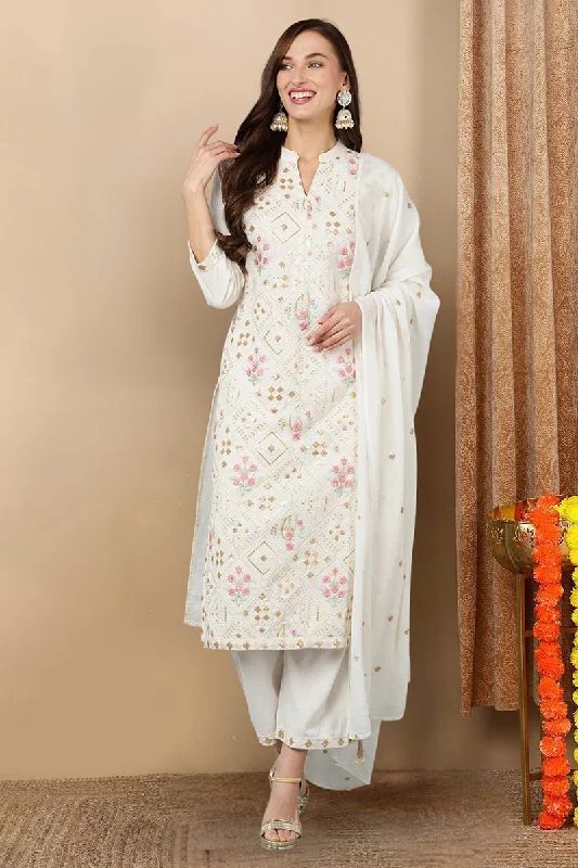 Ahika White Pure Cotton Ethnic Motifs Straight Kurta Trousers With Dupatta Trousers luxurious high-end