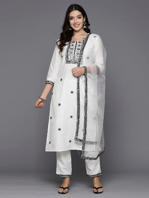 Women White Embroidered Straight Kurta Trousers With Dupatta Set - Taantav Trousers Low Rise Relaxed