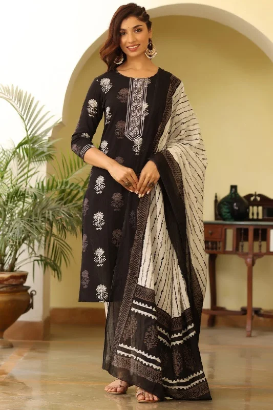 Ahika Women Black & White Rayon Blend Printed Kurta with Trousers & Dupatta Trousers Modern Contemporary