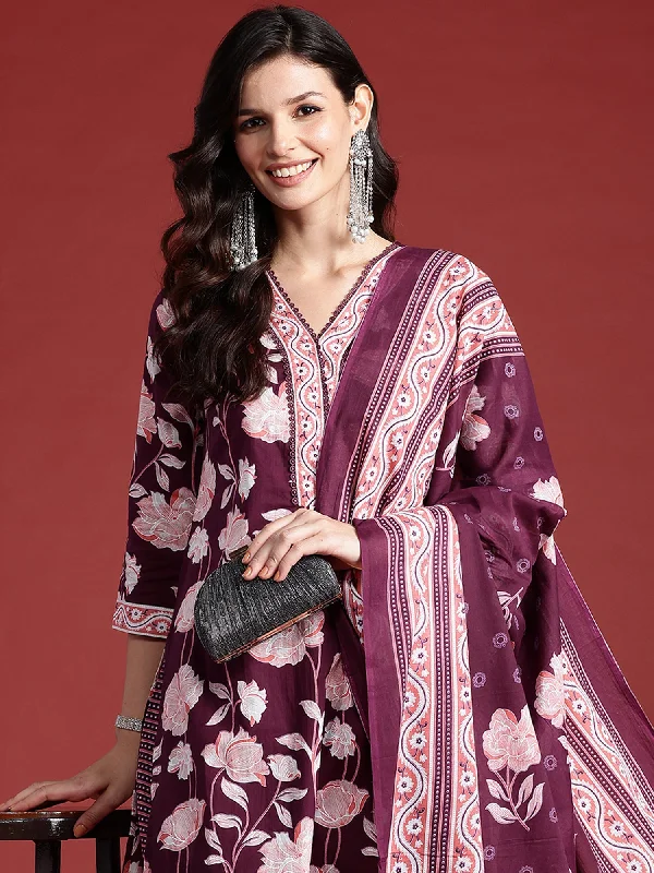 Women Burgundy Printed Straight Kurta Trousers With Dupatta Set - Taantav Trousers Culottes Wide Leg