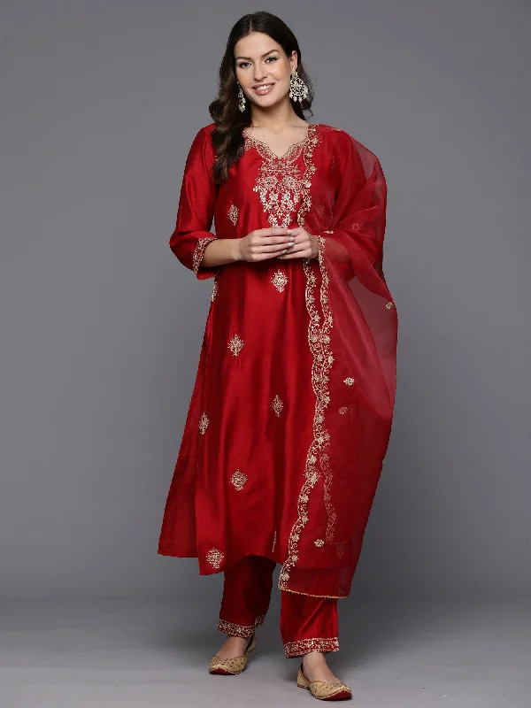 Women Red Embroidered Straight Kurta Trousers With Dupatta Set - Taantav Trousers Print Floral