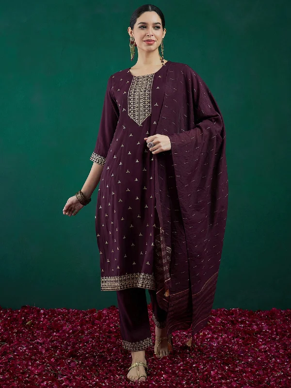 Women Burgundy Embroidered Straight Kurta Trousers With Dupatta Set - Taantav Trousers Summer Linen