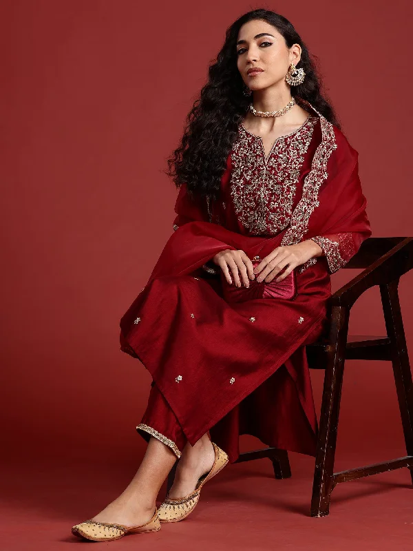 Women Maroon Embroidered Straight Kurta Trousers With Dupatta Set - Taantav Trousers High Rise Slim Fit