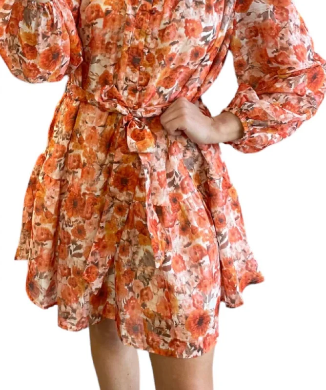 Floral Flounce Skirt Dress In Orange