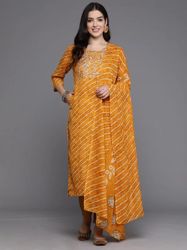 Women Mustard Printed Straight Kurta Trousers With Dupatta Set - Taantav Trousers chic elegant