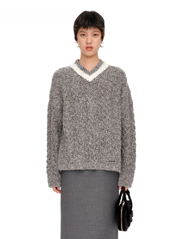 Gray & Brown V-Neck Cable Knit Pullover Textured Knit Design