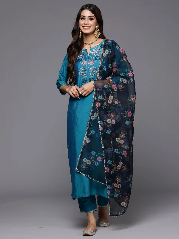 Women Teal Embroidered Straight Kurta Trousers With Dupatta Set - Taantav Trousers Corduroy Warm