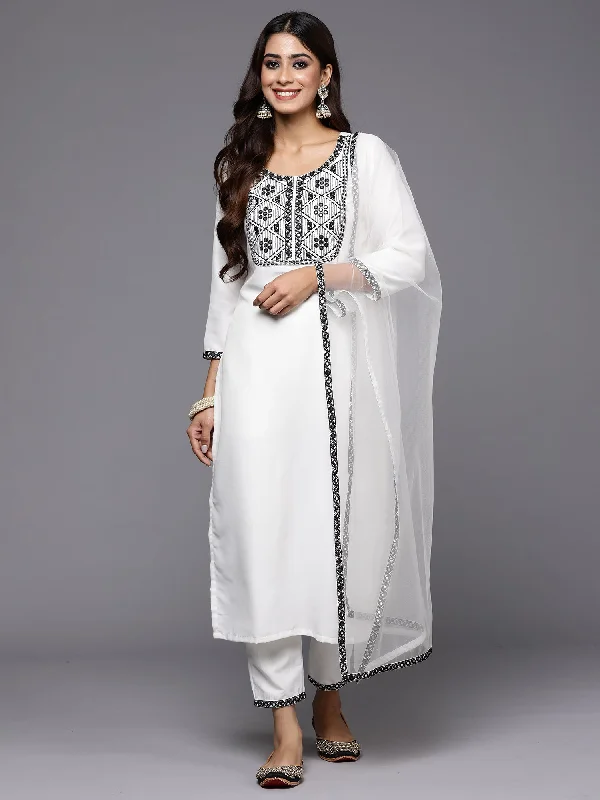 Women White Embroidered Straight Kurta Trousers With Dupatta Set - Taantav Trousers Ceremony Elegant