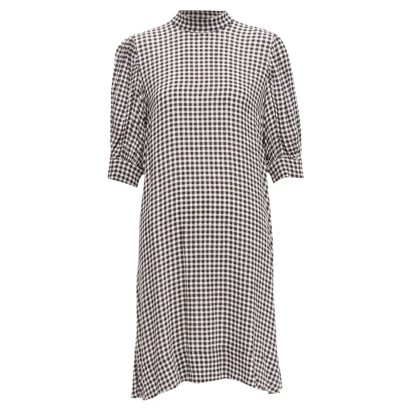 Ganni Checkerboard Print High Neck Half Sleeve Knee Dress
