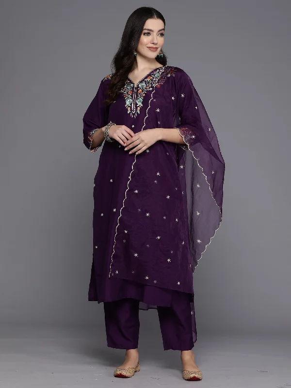 Women Purple Embroidered Straight Kurta Trousers With Dupatta Set - Taantav Trousers High Rise Slim Fit