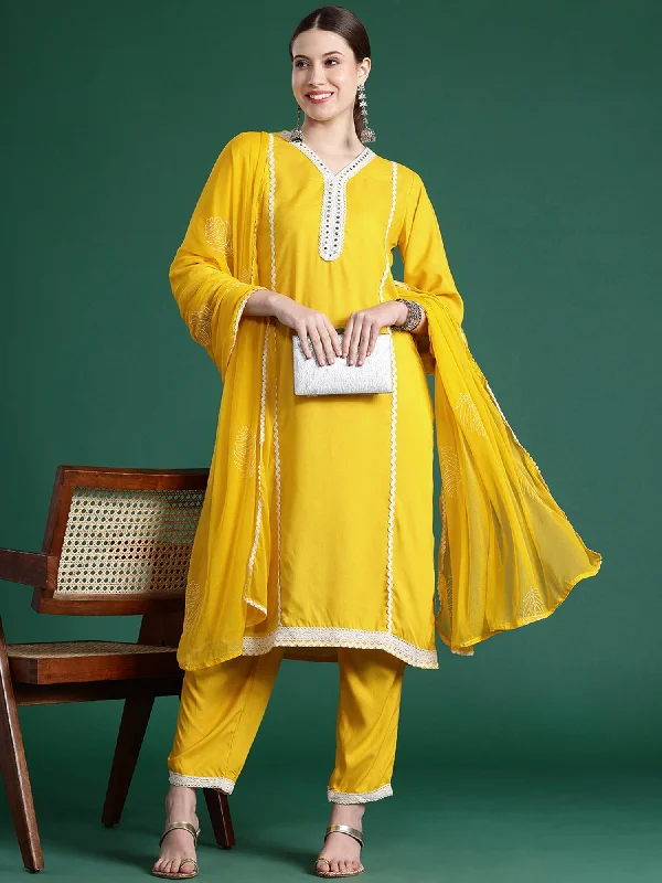 Women Yellow Embroidered Straight Kurta Trousers With Dupatta Set - Taantav Trousers Business Professional