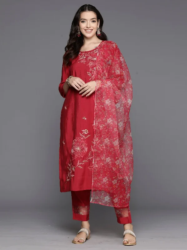 Women Red Embroidered Straight Kurta Trousers With Dupatta Set - Taantav Trousers luxurious high-end