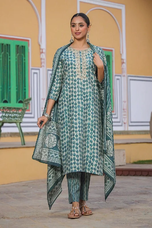 Ahika Green Silk Blend Abstract Straight Kurta Trousers With Dupatta Trousers versatile all-occasion