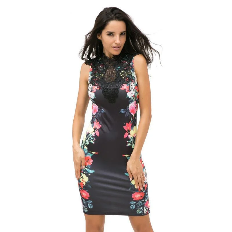 Tropical Floral Print Mesh Fashion Vestidos Women Striped Patchwork Sheath stand Sleeveless summer Dress 2239