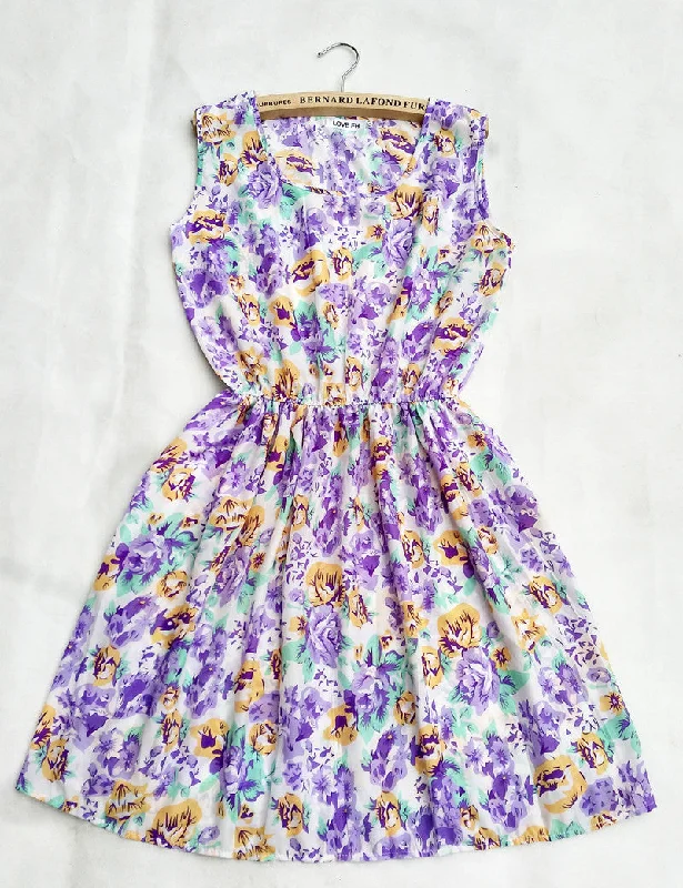 Florals Print Women Sleeveless Round Neck Dress Summer