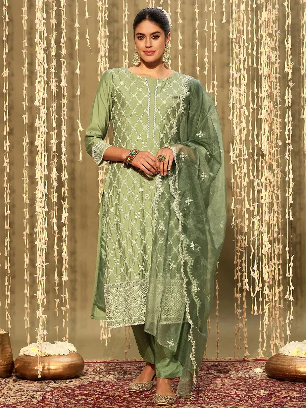 Women Green Embroidered Straight Kurta Trousers With Dupatta Set - Taantav Trousers Palazzo Wide Leg