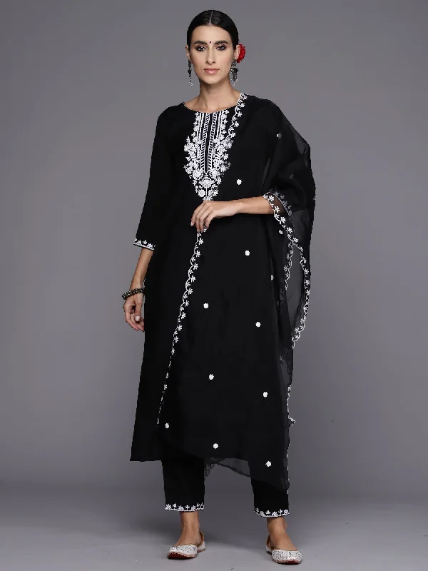 Women Black Embroidered Straight Kurta Trousers With Dupatta Set - Taantav Trousers Yoga Stretchy