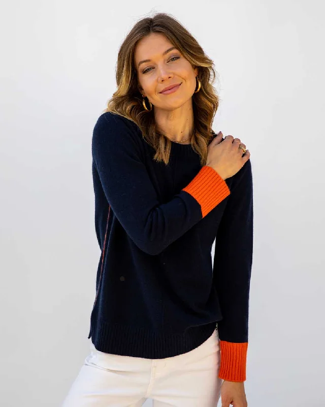 Womans Cashmere Contrast Crew Sweater in Navy with Orange - order size down, runs large Handmade Hand-knitted Hand-woven