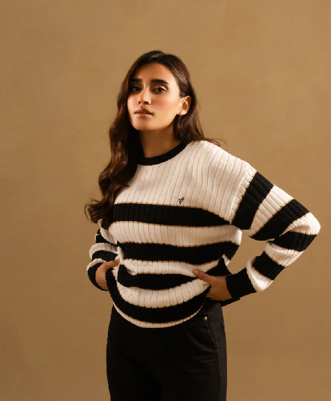 Black & White Stripe Sweater (Women) Chenille Brocade Lace