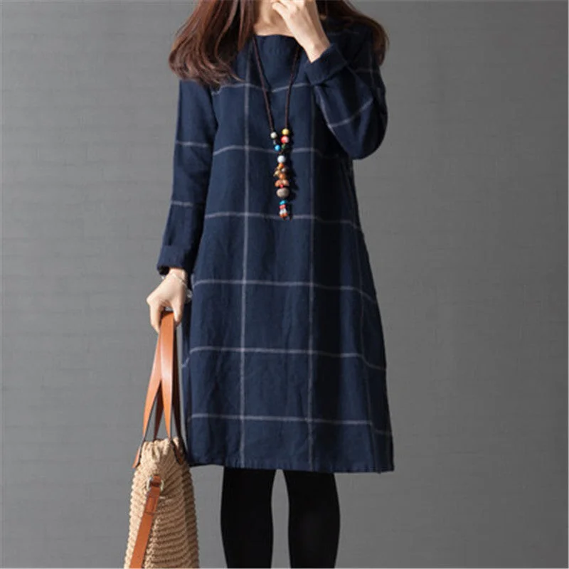 Long Sleeve plaid Loose Cotton Linen Women Dress Spring and Autumn Dreeses Korean style Long Sleeve plaid Loose Cotton Linen Women Dress Spring and Autumn Dreeses Korean style