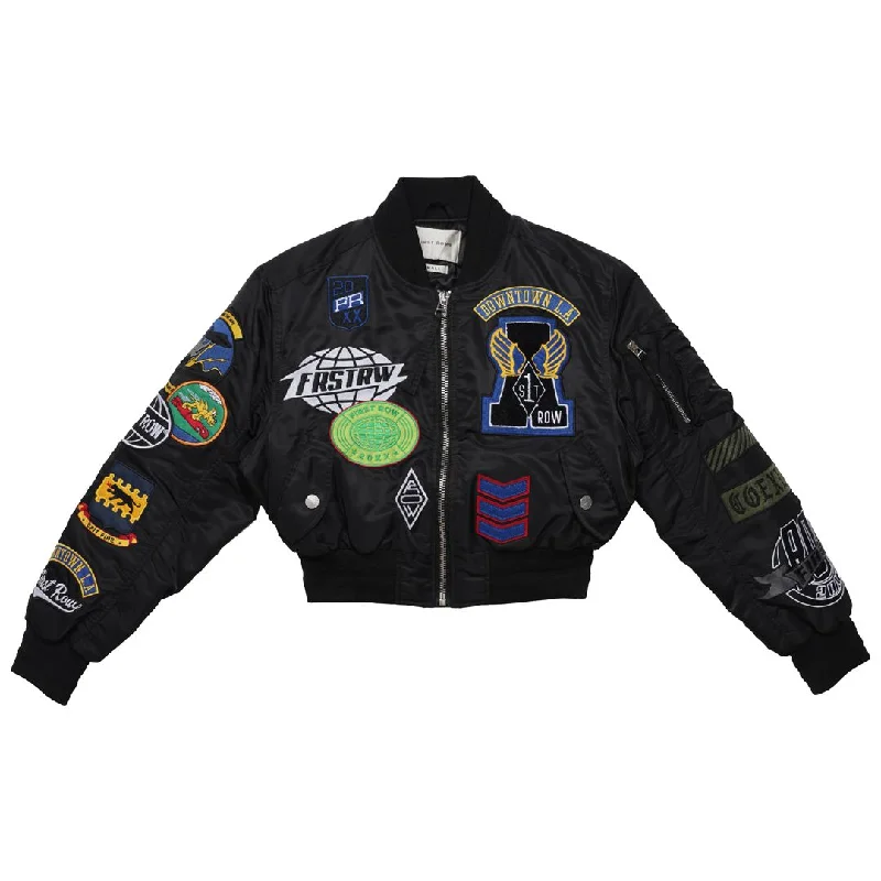 First Row Coexist Multi Patches " Black Women's Jacket" Notch Collar Peter Pan Collar Cowl Neck First Row Coexist Multi Patches " Black Women's Jacket" Notch Collar Peter Pan Collar Cowl Neck