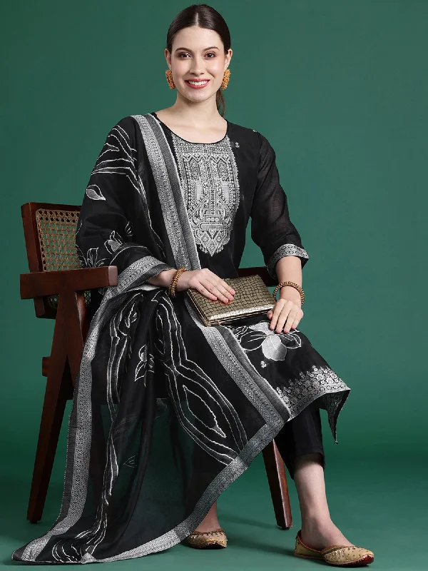 Women Black Woven Design Straight Kurta Trousers Set - Taantav Trousers Denim Distressed