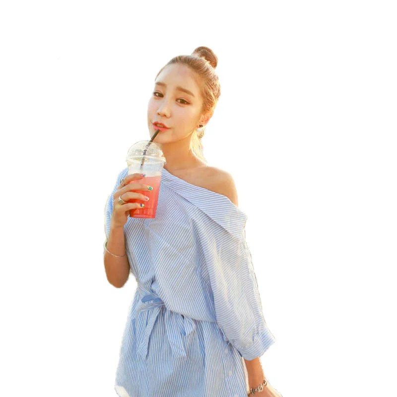 Dress Women Clothes Half Sleeve Blue Stripes Off the Shoulder Loose Casual Tie Waist Button Side Mini Vestido One Size