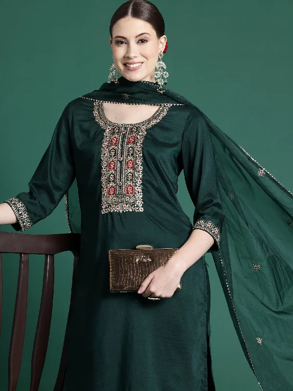 Women Green Embroidered Straight Kurta Trousers With Dupatta Set - Taantav Trousers Solid Black