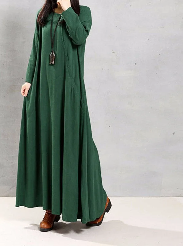 Autumn Women Retro Long Dress O Neck Long Sleeve Pockets Casual Loose Solid Ankle Length Dress