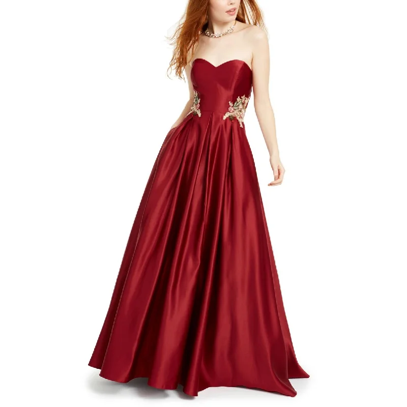 Juniors Womens Embroidered Strapless Evening Dress