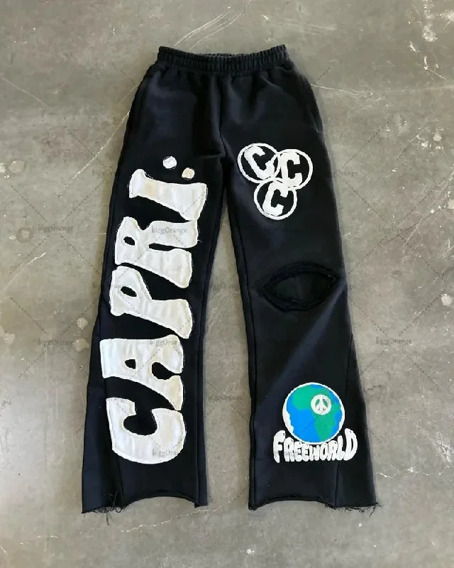 Advbridge 90s Streetwear European and American New Embroidered Trousershigh Street Trendy Brand Wide-leg Pants Men Y2K Retro Casual Knitted Pants Women Trousers Solid Black