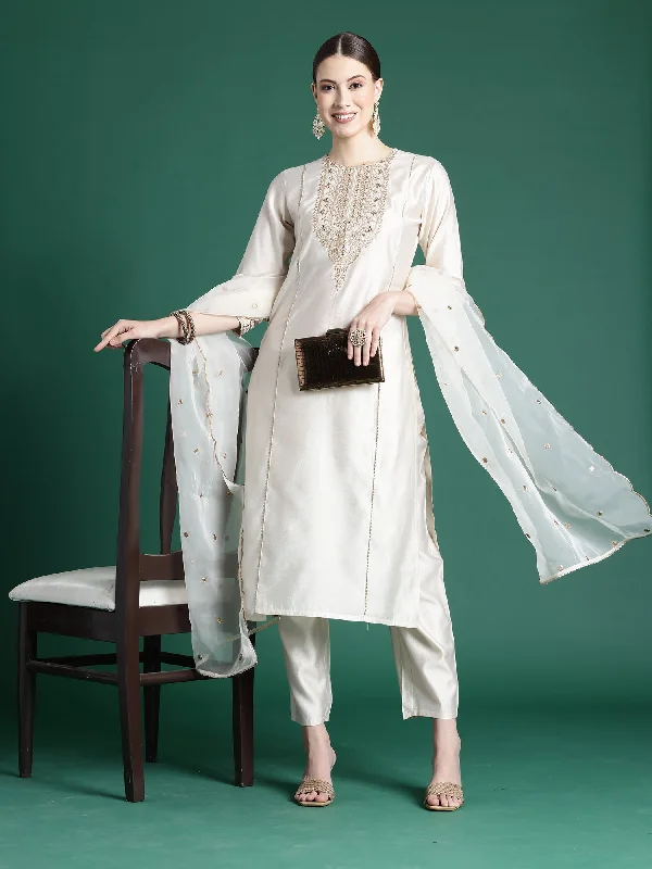 Women Off White Embroidered Straight Kurta Trousers With Dupatta Set - Taantav Trousers Wedding White